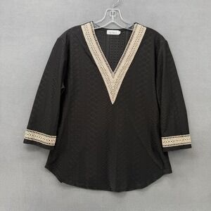 Liofoer Womens Black Eyelet Knit Top 3/4 Sleeve Crochet Lace V-Neck Large
